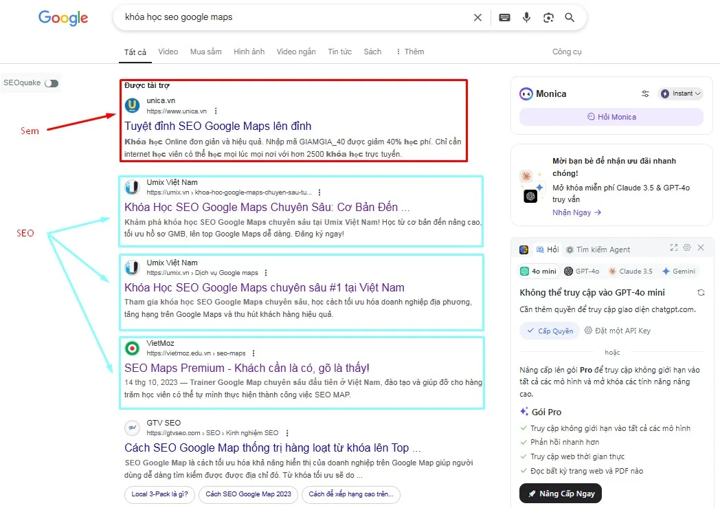 SEM và SEO trên trang kết quả Google