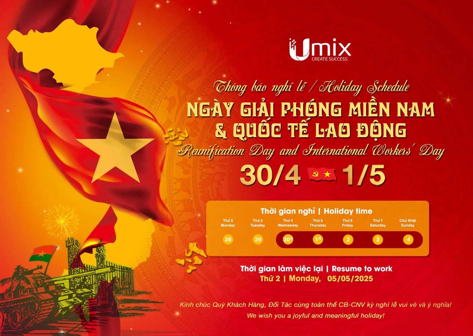 Thông báo nghỉ lễ 30/4 - 1/5