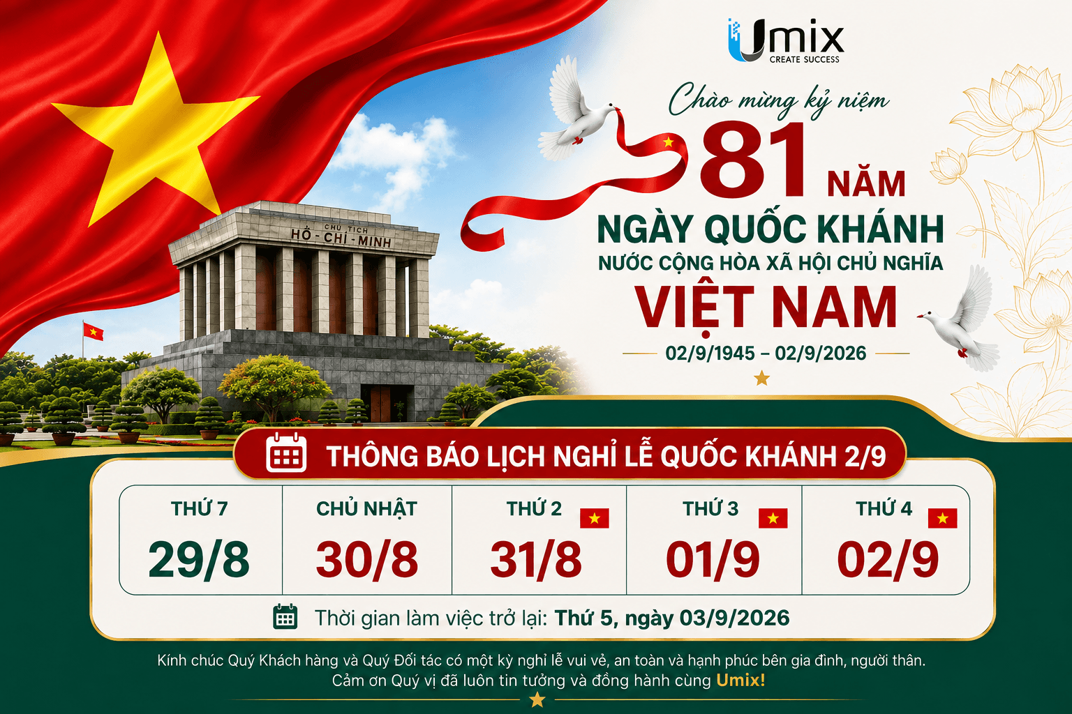 THÔNG BÁO LỊCH NGHỈ LỄ QUỐC KHÁNH 2/9/2026