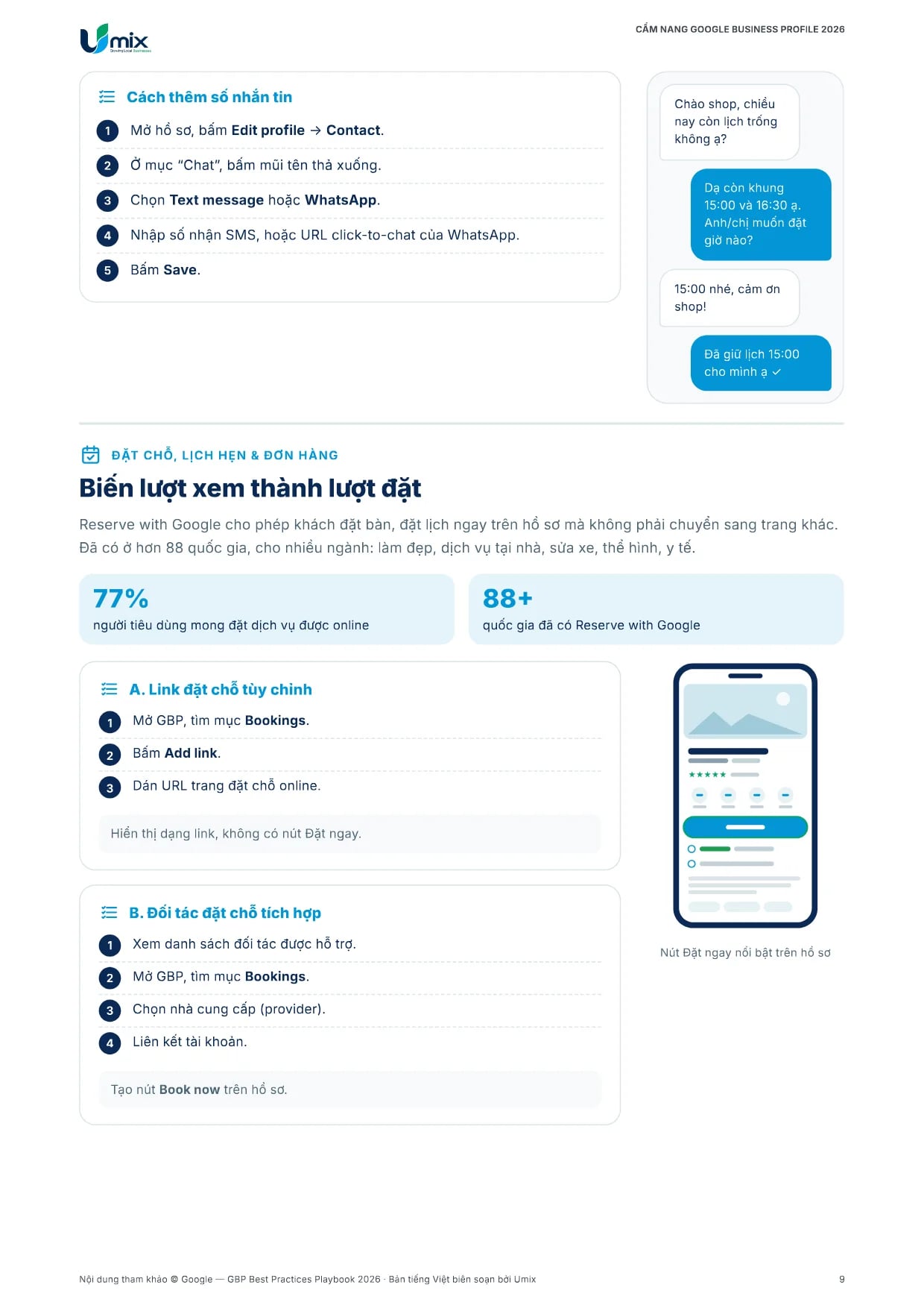 Cẩm nang Google Business Profile 2026 bản tiếng Việt – Trang 10: Nhắn tin, đặt chỗ và đơn hàng