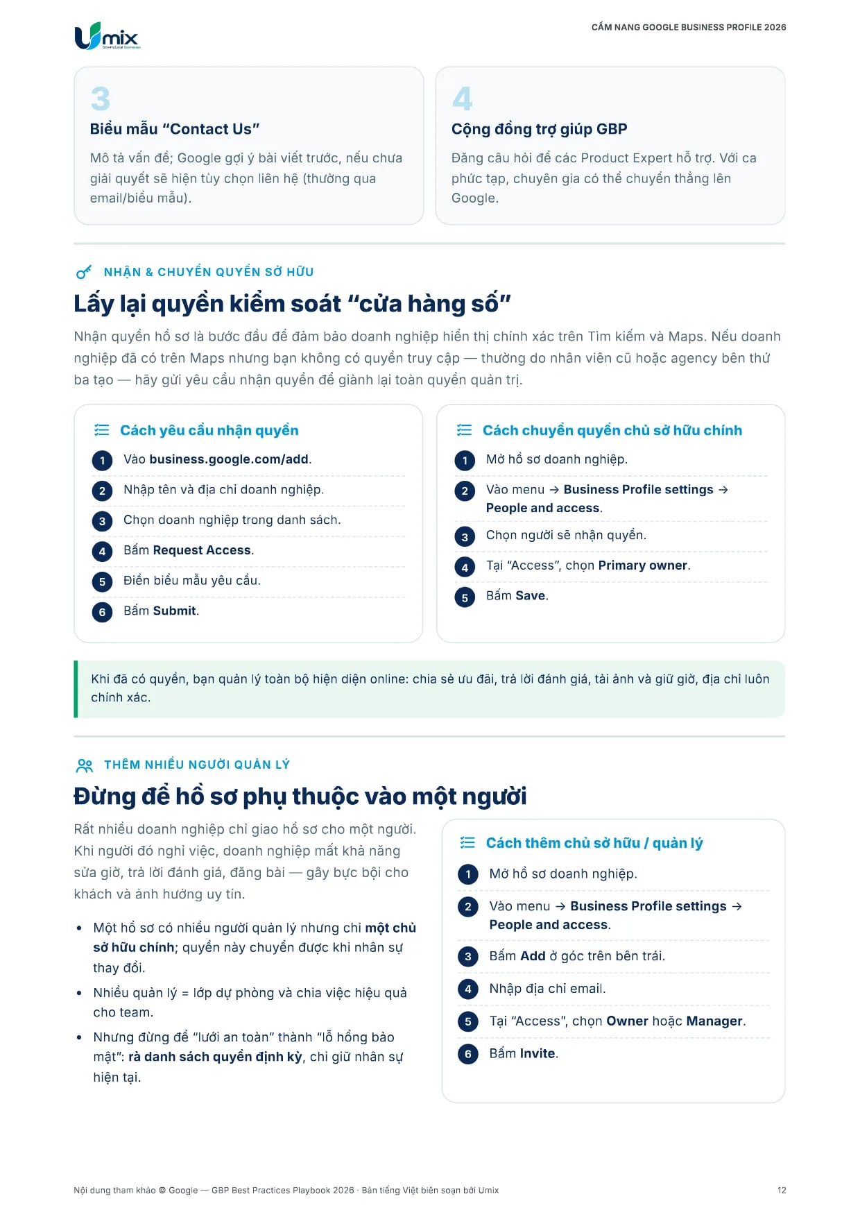 Cẩm nang Google Business Profile 2026 bản tiếng Việt – Trang 13: Quyền sở hữu và người quản lý