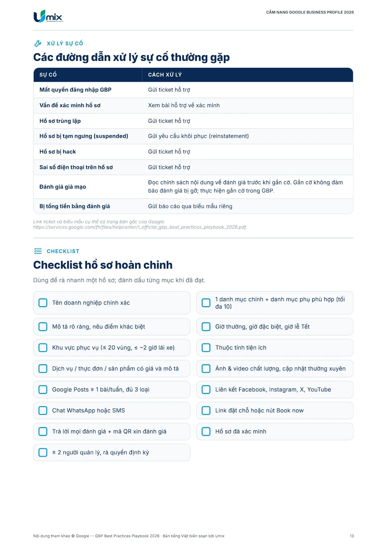 Cẩm nang Google Business Profile 2026 bản tiếng Việt – Trang 14: Xử lý sự cố và checklist hồ sơ